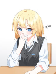 1girl absurdres black_neckerchief black_sweater_vest blonde_hair blue_eyes chinatsu_(kimi_no_yoru) collarbone collared_shirt desk grin hand_to_own_mouth highres hololive hololive_english kimi_no_yoru_ni_fureru laughing long_sleeves looking_at_viewer medium_hair neckerchief ojou-sama_pose partially_unbuttoned school_desk school_uniform shirt sitting sleeves_rolled_up smile smug solo sweater_vest ugaaaa1 virtual_youtuber watson_amelia white_background white_shirt