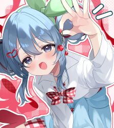  1girl :d blue_eyes blue_hair blush bow bow_hairband bowtie cherry cherry_pop_(vocaloid) clothes_around_waist collared_shirt commentary_request cowboy_shot double-parted_bangs double_bun fang food fruit green_hairband hair_between_eyes hair_bun hairband hatsune_miku highres holding holding_food holding_fruit jacket jacket_around_waist leaning_forward long_hair long_sleeves looking_at_viewer multicolored_hair open_mouth outline plaid_bow plaid_bowtie plaid_clothes red_background red_bow red_bowtie red_streaks school_uniform shirt skin_fang smile solo streaked_hair vocaloid white_outline white_shirt yuni_(irohasuiroiro) 