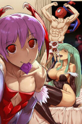  2boys 2girls abs against_glass against_window animal_print aqua_hair bat_print black_thighhighs boxers breasts breath bully_maguire_(meme) character_print condom condom_in_mouth condom_wrapper crossover deadpool deadpool_(series) demon_girl fur-trimmed_leotard fur_trim haraya_manawari head_wings highres imminent_threesome large_breasts lilith_(darkstalkers) male_underwear marvel marvel_vs._capcom marvel_vs._capcom_3 meme monster_girl morrigan_aensland mouth_hold multiple_boys multiple_girls muscular muscular_arms muscular_female muscular_male pantyhose pectorals print_pantyhose purple_hair self_character_print siblings sisters spider-man spider-man_(series) thighhighs underwear unworn_bodysuit darkstalkers window wings 