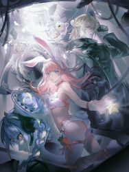  ai_the_somnium_files aiba_(ai_the_somnium_files) akemi_(ai_the_somnium_files) animal_ears blonde_hair blue_hair braid cable carrot choker date_kaname double_bun eyeball gloves grey_eyes gun hair_bun hairband hand_up headphones heterochromia highres holding holding_gun holding_weapon light_particles long_hair long_sleeves looking_at_viewer machinery medium_hair na73 no_sleep_for_kaname_date_-_from_ai:_the_somnium_files open_mouth pink_choker pink_hair rabbit_ears sagan_iris sidelocks twin_braids weapon white_gloves white_hairband yellow_eyes 