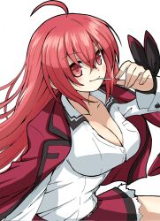 1girl ahoge alternate_breast_size alternate_hairstyle black_ribbon breasts candy cleavage closed_mouth corrupted_twitter_file date_a_live emapippi food food_in_mouth highres itsuka_kotori jacket jacket_on_shoulders large_breasts lollipop long_hair looking_at_viewer raised_eyebrows red_eyes red_hair red_jacket red_skirt ribbon shirt simple_background skirt smile white_background white_shirt rating:General score:14 user:danbooru