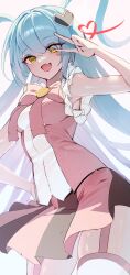  1girl absurdres aqua_hair bow bowtie cropped_legs hair_ornament heart heart_hair_ornament hi_i_dubu highres long_hair looking_at_viewer original salute solo two-finger_salute very_long_hair white_background yellow_eyes 