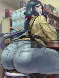1girl ass blue_eyes blue_hair blush breasts denim from_behind gundam gundam_build_fighters huge_ass iori_rinko jeans kazo_(kazozakazo) large_breasts long_hair looking_at_viewer looking_back low_ponytail open_mouth pants ponytail sideboob sitting smile solo sweater very_long_hair wide_hips rating:Questionable score:100 user:armorcrystal