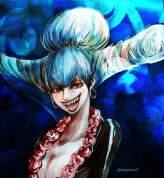  1girl blue_hair breasts charlotte_praline cleavage commentary_request earrings eyeshadow freckles hair_between_eyes hair_bun highres jewelry long_sleeves makeup mascara one_piece red_eyeshadow red_lips sharp_teeth teeth torapunch twitter_username underwater upper_body 