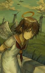  1girl absurdres angel angel_wings bird brown_eyes brown_hair cloud commentary dress english_commentary feathered_wings haibane_renmei halo highres impressionism kornod leaning_forward looking_at_viewer messy_hair neckerchief orange_sailor_collar outdoors rakka_(haibane) red_neckerchief sailor_collar short_hair short_sleeves sidelocks sky smile solo standing traditional_halo white_dress white_wings wind_turbine windmill wings 