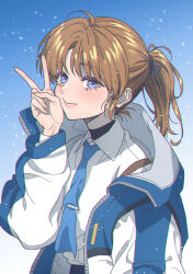  1girl ahoge blue_background blue_eyes blush brown_hair chromatic_aberration gradient_background highres jacket layered_clothes looking_at_viewer lyrical_nanoha mahou_shoujo_lyrical_nanoha mahou_shoujo_lyrical_nanoha_exceeds:_gun_blaze_vengeance necktie ponytail smile snowing solo takamachi_nanoha v you2807 