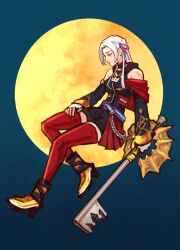  1girl alternate_costume aymr_(fire_emblem) bare_shoulders belt closed_mouth commentary commission crossover detached_sleeves edelgard_von_hresvelg fire_emblem fire_emblem:_three_houses full_body grey_hair hair_ribbon highres holding holding_weapon keyblade kingdom_hearts long_hair moon nintendo profile purple_belt purple_eyes purple_ribbon red_thighhighs ribbon sethkiel solo thighhighs weapon 