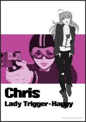  1girl ahoge aiming ankle_boots artist_request blonde_hair blue_eyes boots breasts character_name christine_(lazarus) cleavage collarbone denim earrings facing_viewer feet_up female_focus fingernails full_body gun hands_in_pockets high_heel_boots high_heels highres holding holding_gun holding_weapon jacket jeans jewelry large_breasts lazarus lips long_hair long_sleeves looking_at_viewer midriff navel neck one_eye_closed open_clothes open_jacket outstretched_arms pants shirt_under_shirt sidelocks standing standing_on_one_leg thick_lips torn_clothes torn_pants triangle_earrings trigger_discipline weapon wink 
