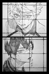  2boys 3_surugi biting_own_lip border collared_shirt crying greyscale haikyuu!! highres kageyama_tobio lower_teeth_only male_focus monochrome multiple_boys oikawa_tooru_(haikyuu!!) open_mouth sanpaku shirt sportswear streaming_tears sweat tears teeth very_sweaty volleyball_net volleyball_uniform wing_collar 