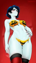 1girl absurdres adventure_time artist_name blue_hair bodypaint breasts colored_skin commentary cowboy_shot fenixman12 from_below grey_skin hand_on_own_hip highres jack-o&#039;-lantern_print marceline_abadeer medium_breasts medium_hair naked_paint navel painted_clothes pointy_ears red_background red_eyes skindentation smile solo thighhighs rating:Questionable score:173 user:danbooru