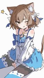  1boy :p absurdres animal_ears awz_(a-w-z) bare_shoulders blue_choker blush bow brown_hair cat_boy cat_ears cat_tail choker crossdressing crossdressing_(mtf) detached_sleeves dress dress_bow felix_argyle hair_bow highres looking_at_viewer male_focus one_eye_closed pantyhose re:zero_kara_hajimeru_isekai_seikatsu ribbon short_eyebrows short_hair smile solo star_(symbol) striped_clothes striped_dress striped_ribbon tail thighhighs thighhighs_over_pantyhose tongue tongue_out trap vertical-striped_clothes vertical-striped_dress white_bow  rating:General score:65 user:danbooru