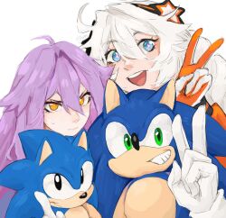  2boys 2girls ahoge birthday birthday_connection black_eyes blue_eyes blue_fur classic_sonic cloud_ya commentary english_commentary furry furry_male gloves green_eyes hedgehog_boy highres honkai_(series) honkai_impact_3rd index_finger_raised kiana_kaslana kiana_kaslana_(white_comet) long_hair multiple_boys multiple_girls open_mouth purple_hair sirin smile sonic_(series) sonic_the_hedgehog sonic_the_hedgehog_(classic) v white_gloves white_hair yellow_eyes 