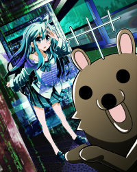  1girl ahoge analoguma aqua_eyes aqua_hair chidejika chidejika_(cosplay) cosplay denpa_onna_to_seishun_otoko dutch_angle japan_commercial_broadcasters_association kuma_(2ch) long_hair off_shoulder skirt tanashi_(mk2) touwa_erio 