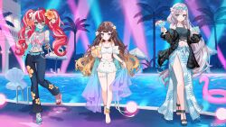  3girls :d absurdres ahoge anklet anya_melfissa anya_melfissa_(holonatsu_paradise) aqua_eyes asymmetrical_footwear bare_arms barefoot bead_bracelet beads bell-bottoms belt bikini bikini_skirt black_nails blonde_hair blue_belt blue_bikini blue_nails blue_pants blue_sarong blunt_ends book bracelet braid braided_bangs breasts bright_pupils brown_hair center-flap_bangs colored_skin commentary_request copyright_notice cup denim diamond-shaped_pupils diamond_(shape) drill_hair drill_sidelocks drink english_text eyewear_on_head flat_chest floral_print_shirt flower front-tie_top full_body gradient_eyes gradient_hair green_eyes grey_hair grey_skin grin hair_flower hair_ornament hairclip heterochromia highres holding holding_book holding_cup holding_drink hololive hololive_indonesia holonatsu_paradise holoro jeans jewelry kureiji_ollie kureiji_ollie_(holonatsu_paradise) lace leaf_print light_particles long_hair looking_at_viewer medium_breasts midriff mismatched_footwear mismatched_pupils multi-strapped_bikini_top multicolored_eyes multicolored_hair multicolored_skin multiple_girls nail_polish navel necklace night off_shoulder official_alternate_costume official_alternate_hairstyle official_art open_mouth palm_tree pants patchwork_skin pavolia_reine pavolia_reine_(holonatsu_paradise) pink_hair pink_shirt pool purple_eyes red_eyes red_hair saku_nosuke sandals sarong second-party_source shirt side_braid sidelocks sleeveless sleeveless_shirt smile stitched_arm stitched_face stitches stomach streaked_hair sunglasses swept_bangs swimsuit swimsuit_cover-up symbol-shaped_pupils thigh_strap tied_shirt toenail_polish toenails tree twintails two-tone_skin very_long_hair virtual_youtuber wavy_hair white_bikini white_hair white_pupils white_skin x-shaped_pupils yellow_eyes zombie 