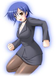  1girl banshiryuu black_choker black_suit black_vest blue_hair breasts brown_eyes brown_pantyhose business_suit choker earrings formal_clothes game_cg jewelry long_sleeves lowres medium_breasts milia_(seihou) non-web_source open_mouth pantyhose seihou shirt short_hair skirt suit third-party_source transparent_background vest white_shirt 