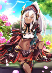  1girl ankle_wrap azur_lane black_panties blue_cape blue_sky blush bodypaint breast_curtain breasts brown_cape brown_gloves brown_hood brown_skirt bush cape cloud comiket_103 commentary_request crossed_bangs dark-skinned_female dark_skin day facepaint fingerless_gloves flower foot_out_of_frame fur-trimmed_cape fur_trim gloves grin hair_between_eyes head_tilt high_ponytail highleg highleg_panties highres hood hood_up lake loincloth long_bangs long_hair looking_at_viewer medium_breasts midriff minneapolis_(azur_lane) multicolored_cape murasaki_tsutsuji navel o-ring o-ring_bottom outdoors panties pink_flower pink_rose ponytail red_cape red_eyes red_shoes revealing_clothes rose rudder_footwear shoes showgirl_skirt sitting skirt sky smile solo sunlight tree underboob underwear very_long_hair white_hair 