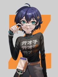  1girl :p absurdres adjusting_eyewear ahoge belle_(zenless_zone_zero) belt black_shirt blue_hair bracelet brown_belt earrings eyelashes glasses green_eyes grey_background grey_pants hair_ornament hand_on_eyewear highres jewelry long_sleeves looking_at_viewer mismatched_earrings pants shirt short_hair simple_background smile solo tongue tongue_out turtleneck turtleneck_shirt user_nset2884 zenless_zone_zero 