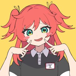  +_+ 1girl :3 :d blush blush_stickers collared_shirt hands_up heart highres long_hair looking_at_viewer name_tag nana_(retroplica) open_mouth orange_background override_(synthesizer_v) pointing pointing_at_self red_hair ribbon shirt short_sleeves simple_background smile solo upper_body wang_xue world_dai_star yellow_background 