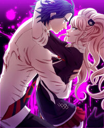  1boy 1girl ahoge bear_hair_ornament big_hair black_hair black_shirt blonde_hair blood blue_eyes bow breasts danganronpa danganronpa/zero danganronpa:_trigger_happy_havoc danganronpa_(series) enoshima_junko hair_ornament hatoko-sama holding hug jacket large_breasts long_hair long_sleeves matsuda_yasuke nail_polish necktie pink_blood red_lips red_nails red_skirt school_uniform shirt shirt_partially_tucked_in short_hair skirt twintails white_jacket 