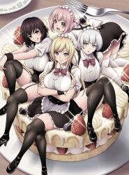 4girls akiyama_ringo all_fours amaama_cinderella apron ass black_corset black_footwear black_skirt black_thighhighs blue_eyes blue_hair blueberry bow bowtie breasts brown_eyes brown_hair cake closed_mouth corset crossed_arms crossed_legs food fork frilled_apron frilled_skirt frills fruit fuyutsuki_mikan garter_straps hands_on_own_knees harumiya_ichigo high_heels highres knee_up knees_together_feet_apart large_breasts long_hair looking_at_viewer maid_apron maid_headdress medium_breasts medium_hair mole mole_under_eye multiple_girls natsuno_momo official_art one_side_up open_mouth osaji0909 own_hands_together pink_bow pink_bowtie pink_eyes pink_hair plate scan sitting sitting_on_food skirt strawberry strawberry_cake teeth thick_thighs thighhighs thighs third-party_source tongue tongue_out upper_teeth_only waist_apron white_apron white_thighhighs zettai_ryouiki rating:Sensitive score:10 user:danbooru