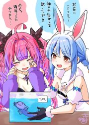  2girls :d ahoge animal_ear_fluff animal_ears axolotl black_gloves black_leotard blue_hair braid closed_eyes commentary_request detached_sleeves don-chan_(usada_pekora) dress fang fur-trimmed_gloves fur_trim gloves hair_between_eyes hair_intakes highres hololive hololive_dev_is kikirara_vivi kiritoma leotard long_hair long_sleeves minecraft multicolored_hair multiple_girls open_mouth pink_hair puffy_long_sleeves puffy_short_sleeves puffy_sleeves purple_hair rabbit-shaped_pupils rabbit_ears red_eyes short_eyebrows short_sleeves signature simple_background sleeves_past_wrists smile strapless strapless_dress strapless_leotard symbol-shaped_pupils tears thick_eyebrows translation_request twin_braids twintails two-tone_hair upper_body usada_pekora usada_pekora_(1st_costume) very_long_hair virtual_youtuber white_background white_dress white_hair white_sleeves wiping_tears 