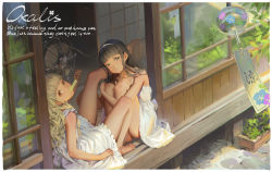 2girls alphonse_(white_datura) barefoot black_eyes black_hair blonde_hair blunt_bangs brown_eyes kodomo_doushi commentary_request day doorway dress eating electric_fan english_text feet food frown hairband hand_on_another&#039;s_leg highres holding holding_food knees_up leg_up loli long_hair looking_at_viewer looking_back multiple_girls original planter popsicle sliding_doors wavy_hair white_dress white_hairband wind_chime yuri rating:Questionable score:246 user:danbooru