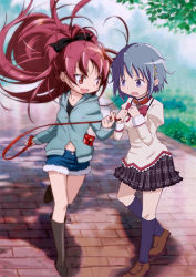  10s 2girls blue_eyes blue_hair kishida_takahiro leash mahou_shoujo_madoka_magica miki_sayaka multiple_girls red_eyes red_hair sakura_kyoko  rating:Sensitive score:7 user:PoppedRaft