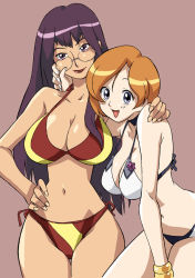 2girls bikini blue_eyes bracelet breasts choker cirima cleavage glasses hand_on_own_hip hip_focus hug jewelry large_breasts leaning_forward lipstick long_hair makeup mature_female multiple_girls navel ojamajo_doremi open_mouth orange_hair purple_eyes purple_hair red_hair seki-sensei short_hair side-tie_bikini_bottom smile swimsuit volvox wide_hips yuki-sensei rating:Sensitive score:121 user:danbooru