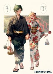  1boy 1girl aged_up anya_(spy_x_family) bag bagged_fish black_hair black_kimono brown_eyes candy_apple closed_eyes conconcon1031 couple damian_desmond fish floral_print floral_print_kimono food goldfish highres holding_hands japanese_clothes kimono open_mouth pink_hair print_kimono spy_x_family translation_request white_kimono yukata 