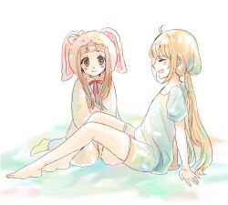  2girls :d ^_^ ahoge animal_costume animal_ears animal_hood barefoot blonde_hair blush bow brown_eyes brown_hair closed_eyes closed_mouth commentary_request futaba_anzu grey_shirt hood hood_up ichihara_nina idolmaster idolmaster_cinderella_girls idolmaster_cinderella_girls_starlight_stage low_twintails multiple_girls open_mouth profile rabbit_costume rabbit_ears rabbit_hood red_bow rino_cnc shirt short_sleeves shorts smile twintails 
