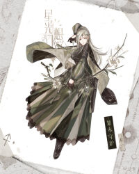  1girl absurdres arrow_(projectile) artist_name asymmetrical_bangs black_boots black_dress black_gloves boots border bow_(weapon) chinese_commentary chinese_text circlet commentary_request drawing_bow dress earrings expressionless flower full_body gloves green_dress grey_border grey_eyes grey_hair half_gloves highres holding holding_arrow holding_bow_(weapon) holding_weapon jewelry lace lace-trimmed_dress lace_trim layered_sleeves lily_(flower) lips long_hair long_sleeves looking_at_viewer multicolored_dress nikki_(series) puffy_long_sleeves puffy_sleeves sagittarius_(symbol) sagittarius_(zodiac) shining_nikki short_over_long_sleeves short_sleeves solo stars_zhangzhang striped_clothes striped_dress tape translation_request vertical-striped_clothes vertical-striped_dress vertical-striped_sleeves watermark weapon white_background white_dress white_flower zodiac zoey_(shining_nikki) 