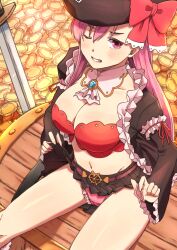 1girl black_hat black_jacket bow breasts captain_liliana cleavage clothes_lift commentary_request commission frilled_panties frills hat highres jacket jewelry jolly_roger kanata_(mugi_a) large_breasts long_hair looking_at_viewer one_eye_closed panties pink_eyes pink_hair pink_panties pirate pirate_hat pixiv_commission pleated_skirt queen&#039;s_blade queen&#039;s_blade_rebellion red_bow ribbon skirt skirt_lift solo underwear 