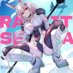  1girl absurdres aircraft airplane animal_ears armor artist_name black_thighhighs boots borrowed_character breasts cleavage cloud covered_navel day from_below headgear high_heel_boots high_heels highres holding holding_polearm holding_weapon large_breasts leotard long_hair looking_at_viewer magical_girl mecha_musume mechanical_ears natsukaze_shigure original parted_lips polearm ponytail rabbit_ears rabbit_selena_(hiruno) red_eyes shiny_clothes shoulder_armor skin_tight sky solo squatting thighhighs variant_set weapon white_hair yuina_(hiruno) 
