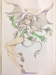  1girl blonde_hair blush collarbone demon_girl demon_tail demon_wings elbow_gloves frilled_gloves frilled_leotard frills full_body gloves green_gloves green_leotard highres leotard long_hair multicolored_leotard one_eye_closed original painting_(medium) peter_salt pointy_ears solo tail tongue tongue_out traditional_media two-tone_leotard watercolor_(medium) white_leotard wings 