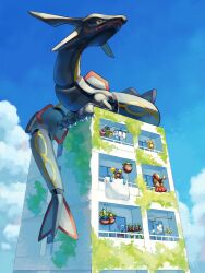  2girls 6+others alternate_color blanket blue_sky bounsweet building buneary burmy burmy_(plant) burmy_(sandy) burmy_(trash) clothes_hanger cloud cumulonimbus_cloud flittle gen_1_pokemon gen_2_pokemon gen_3_pokemon gen_4_pokemon gen_7_pokemon highres legendary_pokemon looking_down moss multiple_girls multiple_others nintendo no_humans oddish p9kfxaofqi54546 perched pidgeot pikachu plant_monster pokemon railing rayquaza shiny_pokemon sky skyscraper telekinesis towel tower window wooper 