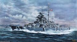  battleship bismarck_(battleship) cannon cloud cloudy_sky flag highres kriegsmarine military_vehicle mountainous_horizon no_humans ocean original ship ship_turret sky vehicle_focus vehicle_name vortex_(xu_xuanwo) warship watercraft waves world_war_ii 
