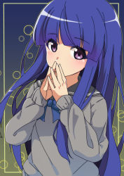 1girl blue_bow blue_hair blunt_bangs blush bow covering_own_mouth furude_rika highres higurashi_no_naku_koro_ni higurashi_no_naku_koro_ni_gou long_hair looking_at_viewer own_hands_together purple_eyes sailor_collar school_uniform shirt solo sweater yotsuba_ichinose rating:Sensitive score:16 user:danbooru