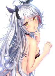 1girl alternate_costume antenna_hair azur_lane bad_id bad_pixiv_id bikini black_bikini black_ribbon blush breasts brown_eyes choker female_focus finger_in_own_mouth flag_print flag_print_bikini from_behind german_flag_bikini hair_between_eyes hair_ribbon large_breasts long_hair looking_at_viewer looking_back mole mole_on_breast multicolored_hair mutsuba_fumi print_bikini prinz_eugen_(azur_lane) prinz_eugen_(unfading_smile)_(azur_lane) red_hair ribbon silver_hair simple_background skindentation solo streaked_hair swimsuit two_side_up very_long_hair white_background rating:Sensitive score:11 user:danbooru