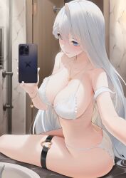 1girl absurdres armpit_crease ass bare_shoulders bathroom blue_eyes bra bracelet braid breasts cellphone cleavage commentary frilled_bra frilled_panties frills hair_between_eyes heart heart_o-ring highres holding holding_phone indie_virtual_youtuber indoors jewelry large_breasts light_smile long_hair looking_at_phone looking_at_viewer median_furrow necklace o-ring o-ring_thigh_strap panties phone rozea_(vtuber) selfie single_hair_intake sitting smartphone solo thigh_strap thighs tongue tongue_out twisted_torso underwear underwear_only vaughnilla virtual_youtuber white_bra white_hair white_panties 