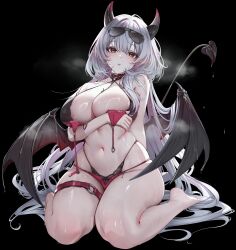  1girl absurdres arm_under_breasts bikini bikini_top_only black_bra black_panties bra breasts demon_horns demon_tail demon_wings eyewear_on_head grey_hair highleg highleg_panties highres horns large_breasts long_hair looking_at_viewer lrrer navel o-ring o-ring_thigh_strap original panties pointy_ears red_bikini simple_background sitting solo steaming_body sunglasses sweat swimsuit tail thick_thighs thigh_strap thighs underwear untied_bikini_top very_long_hair wariza white_background wide_hips wings 
