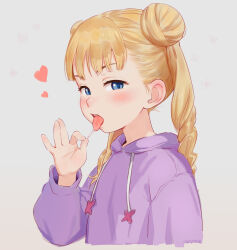  1girl artist_name blonde_hair blue_eyes blush come_hither commentary double_bun drawstring english_commentary fellatio_gesture flat_chest grey_background hair_bun hand_up heart highres hood hood_down hoodie loli long_hair long_sleeves looking_at_viewer naughty_face okymir open_mouth oral_invitation original purple_hoodie saliva saliva_trail simple_background solo teeth tongue tongue_out twintails upper_teeth_only  rating:Sensitive score:731 user:danbooru