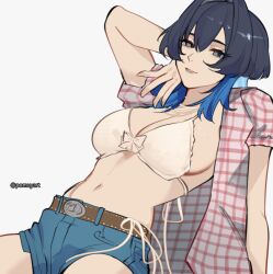  1girl alternate_costume arm_support bikini black_hair blue_eyes blue_hair blue_shorts breasts cosplay denim denim_shorts highres hololive hololive_english kwon_eun-bi kwon_eun-bi_(cosplay) large_breasts multicolored_hair navel ouro_kronii plaid_clothes plaid_shirt pomuya shirt short_shorts shorts simple_background solo swimsuit twitter_username virtual_youtuber white_background white_bikini 