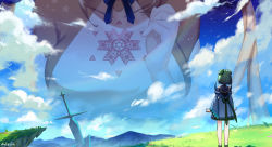  2girls absurdres adarin blonde_hair breast_envy breasts clenched_hands cloud commentary dark-skinned_female dark_skin detached_sleeves giant giantess gloves green_hair highres hololive hololive_alternative hololive_english large_breasts long_hair looking_at_breasts mountain multiple_girls short_hair sky standing trembling tsukumo_sana tsukumo_sana_(1st_costume) uruha_rushia uruha_rushia_(1st_costume) virtual_youtuber  rating:Sensitive score:19 user:danbooru