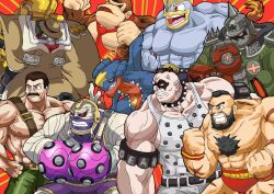  6+boys abigail_(final_fight) arms_(game) big_band black_hair brown_hair collar colored_skin creatures_(company) crossover donkey_kong donkey_kong_(series) ear_piercing facial_hair final_fight game_freak garchomp gen_1_pokemon gen_4_pokemon giogiodedede green_pants guilty_gear guilty_gear_xrd hat machamp master_mummy_(arms) mike_haggar mohawk multiple_boys muscular muscular_male mustache necktie nintendo pants piercing pokemon pokemon_(creature) pokken_tournament potemkin_(guilty_gear) purple_skin red_eyes scar simple_background skullgirls spiked_collar spikes street_fighter topless_male trait_connection zangief 