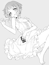  1girl arm_under_breasts bare_legs barefoot blush breasts buttons card center_frills choker dress expressionless frilled_dress frills grey_background greyscale holding holding_card idolmaster idolmaster_million_live! knees_up looking_at_viewer lying makabe_mizuki medium_dress monochrome on_back parted_lips playing_card short_bangs short_hair simple_background sleeveless sleeveless_dress small_breasts solo toes turning_head very_short_hair zn242878163 