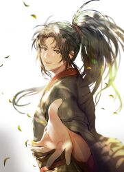  1boy absurdres ahoge bishounen black_eyes black_hair black_hanfu chinese_clothes falling_leaves floating_hair hanfu high_ponytail highres jujeop korean_commentary leaf light_particles long_hair long_sleeves looking_at_viewer male_focus modao_zushi open_mouth outstretched_arm outstretched_hand parted_bangs ponytail reaching reaching_towards_viewer robe sash sidelocks simple_background smile solo standing upper_body wei_wuxian white_background wide_sleeves wind 