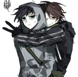  2boys afraid_of_monsters arms_around_neck averting_eyes bag bags_under_eyes black_gloves black_hair black_hoodie bloodshot_eyes brown_hair commentary crossover cry_of_fear david_leatherhoff english_commentary facial_hair frown gloves goatee_stubble grey_hoodie half-closed_eyes hands_in_pockets hood hood_up hoodie hug hug_from_behind looking_at_viewer male_focus multiple_boys scar scar_on_face short_hair shoulder_bag simon_henriksson simple_background smile smug striped_clothes stubble sweatdrop upper_body v white_background xinlv327 