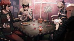  4boys :3 absurdres alcohol animal_ears apron bald bans bkub_(vtuber) black-framed_eyewear black_bow black_eyes black_jacket black_shirt black_shorts blue_shirt bow bowtie brown_hair card chair clock coin commentary_request cup facial_hair food gloves grey_shirt highres holding holding_card holding_cup ice ice_cube indie_virtual_youtuber jacket long_sleeves looking_at_object mafia_kajita male_focus multiple_boys mustache nakamura_yuuichi open_clothes open_jacket over-kneehighs pants parted_lips plant playing_card potted_plant real_life red_hair red_jacket red_pants round_eyewear school_uniform serious shirt short_eyebrows shorts sitting sleeves_rolled_up smile socks sunglasses sweatdrop table tenkai_tsukasa thick_eyebrows thighhighs thriller_romero v-shaped_eyebrows virtual_youtuber white_gloves white_socks 