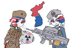  2girls award_ribbon badge blue_coat blue_eyes blue_pants breasts brown_coat brown_pants closed_mouth coat hat heterochromia highres holding holding_weapon korean_text map medium_breasts military_hat military_uniform multiple_girls north_korea north_korean_flag nuclear_weapon one_eye_closed one_side_up open_mouth pants personification radiation_symbol red_eyes short_hair shoulder_pads simple_background south_korea south_korean_flag trun2554 weapon white_background white_hair 