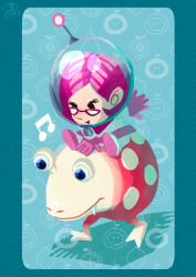  1girl artist_name black_eyes blue_background blue_border border brittany_(pikmin) bulborb dokumushi-rock eyelashes fruit_background full_body glasses gloves happy helmet looking_ahead miniskirt musical_note nintendo on_creature open_mouth pikmin_(series) pink-framed_eyewear pink_gloves pink_hair pink_skirt pointy_nose radio_antenna riding shadow short_hair sitting skirt smile space_helmet spacesuit triangular_eyewear watermark whistle 